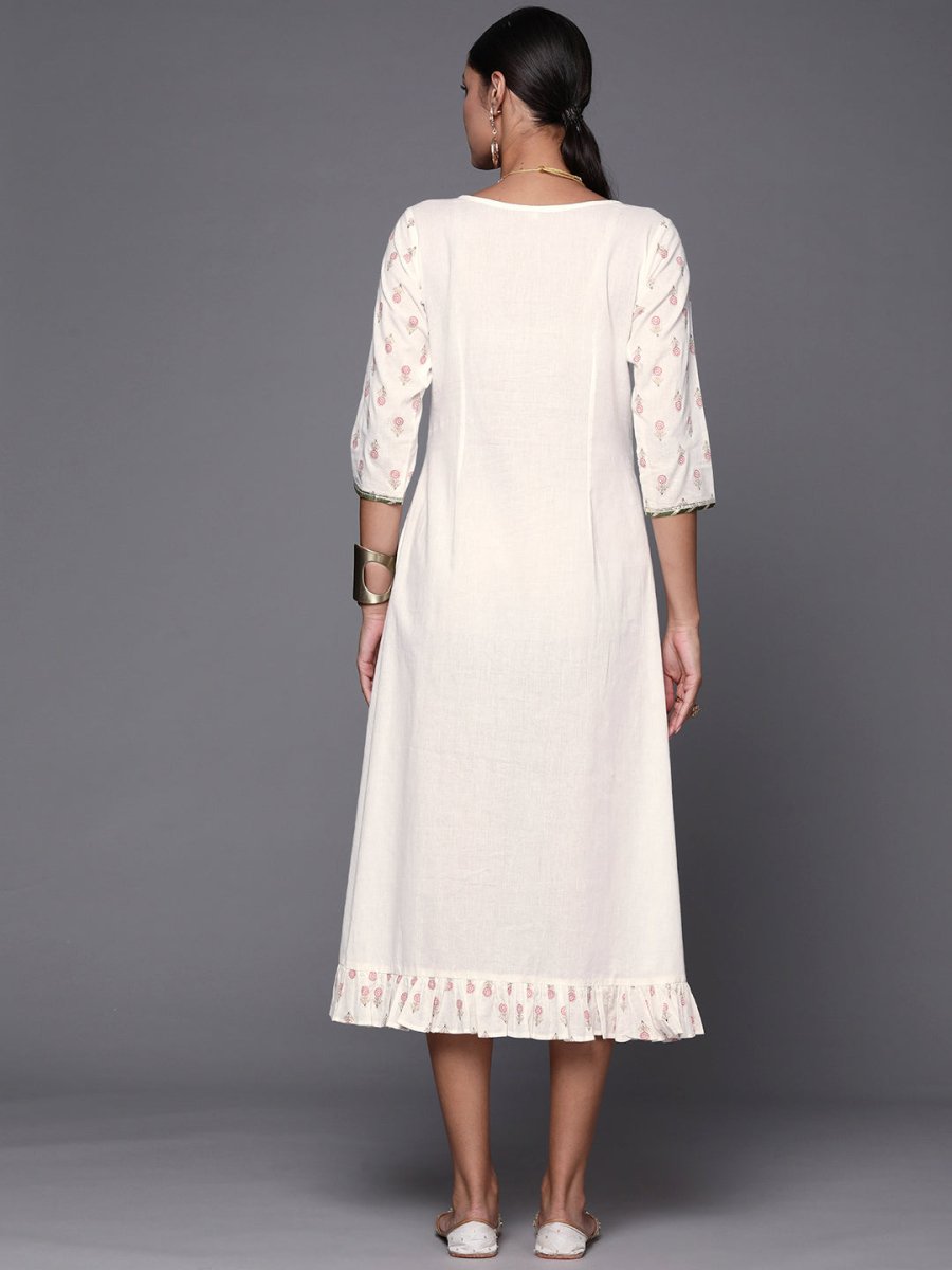 Ahalyaa Off White & Pink Floral Print A-Line Midi Dress | Grocsy