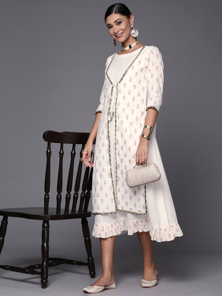 Ahalyaa Off White & Pink Floral Print A-Line Midi Dress | Grocsy