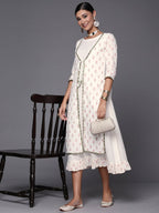 Ahalyaa Off White & Pink Floral Print A-Line Midi Dress | Grocsy