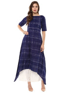 Ahalyaa Women Blue Checked A-Line Asymmetric Kurta | Grocsy