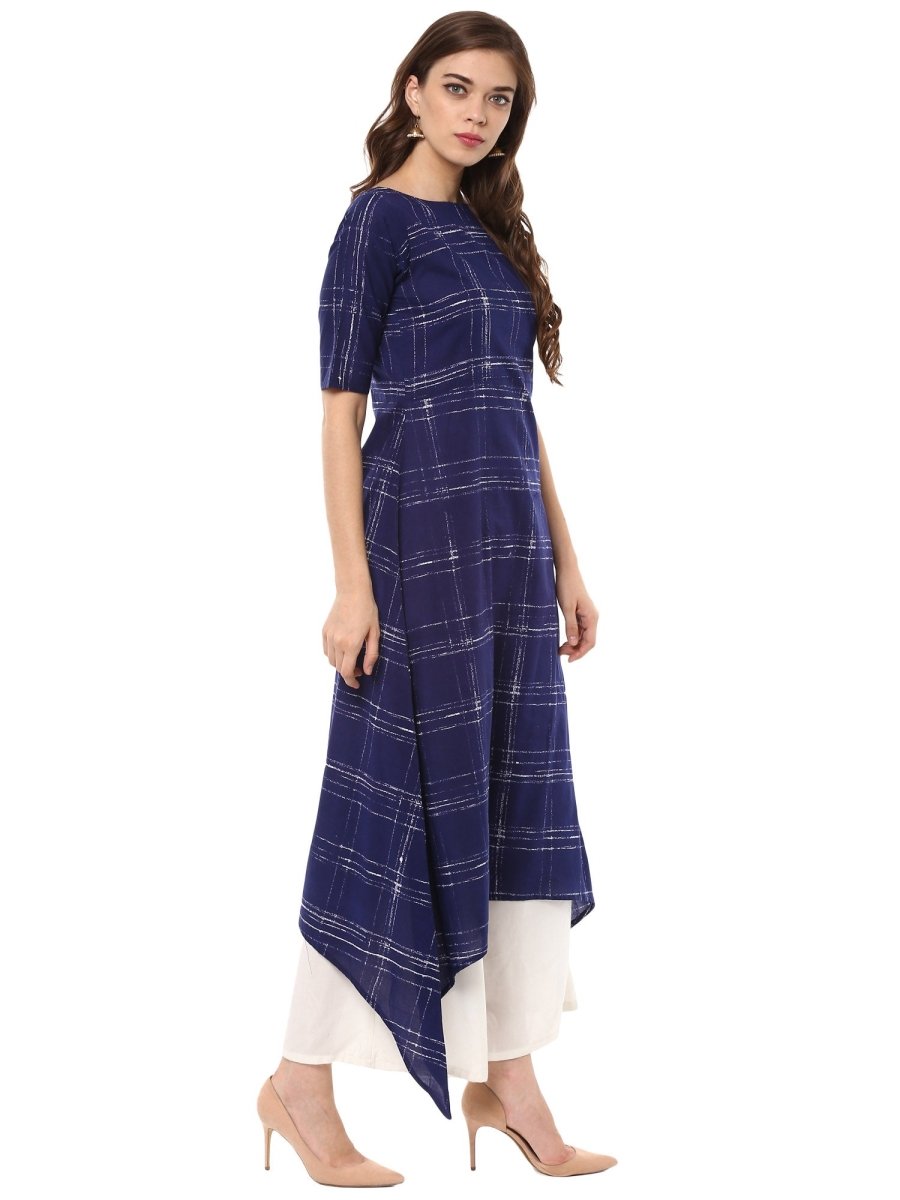 Ahalyaa Women Blue Checked A-Line Asymmetric Kurta | Grocsy