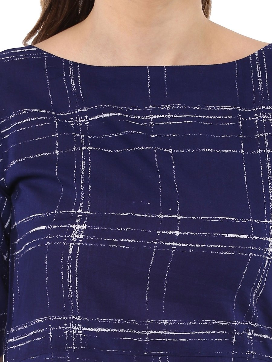 Ahalyaa Women Blue Checked A-Line Asymmetric Kurta | Grocsy