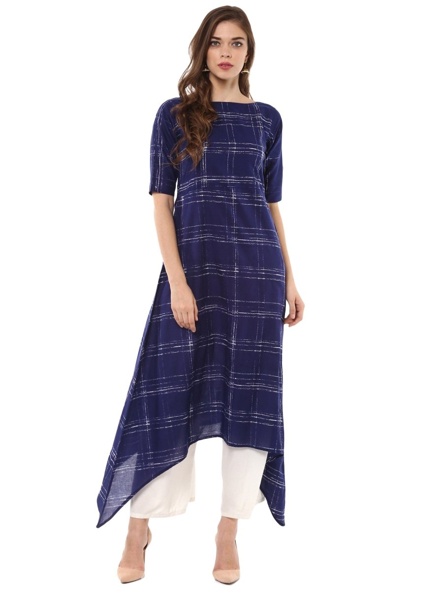Ahalyaa Women Blue Checked A-Line Asymmetric Kurta | Grocsy