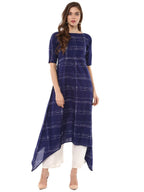 Ahalyaa Women Blue Checked A-Line Asymmetric Kurta | Grocsy
