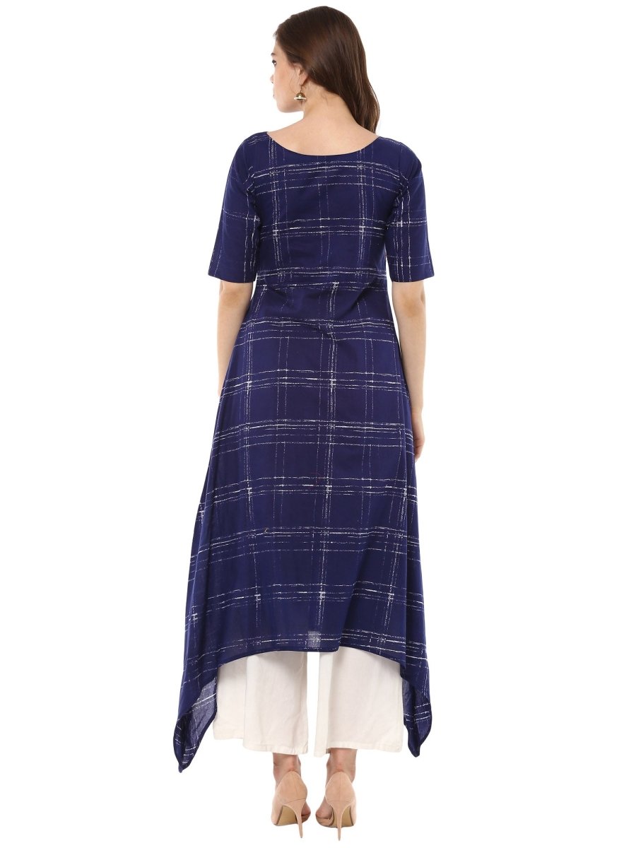 Ahalyaa Women Blue Checked A-Line Asymmetric Kurta | Grocsy