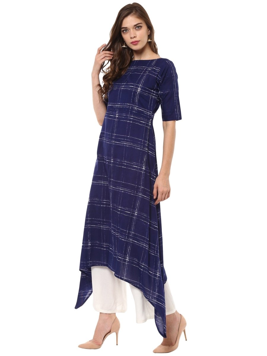 Ahalyaa Women Blue Checked A-Line Asymmetric Kurta | Grocsy