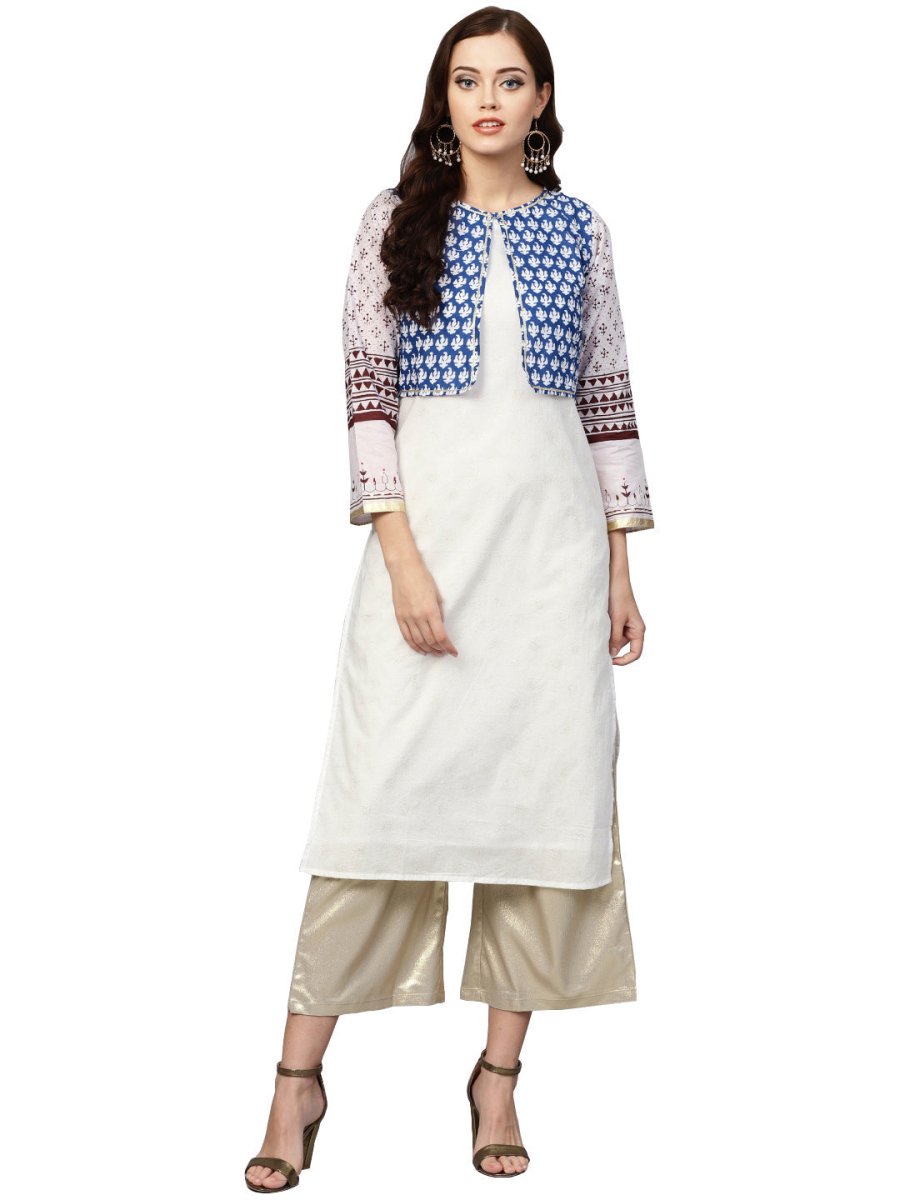 Ahalyaa Printed Straight Cotton Blend Kurta with koti Jacket | Grocsy