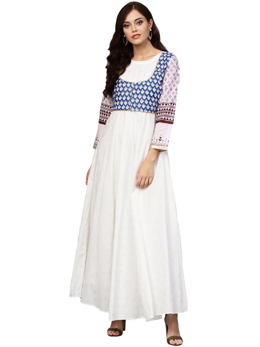 Ahalyaa White And Blue Printed Flare Cotton Jacket Kurta For Women | Grocsy