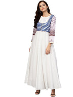 Ahalyaa White And Blue Printed Flare Cotton Jacket Kurta For Women | Grocsy