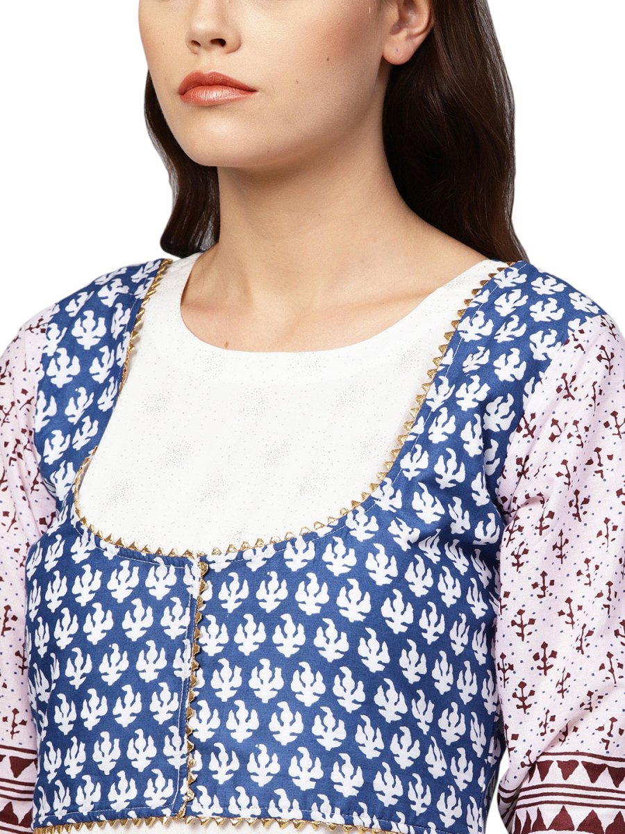 Ahalyaa White And Blue Printed Flare Cotton Jacket Kurta For Women | Grocsy