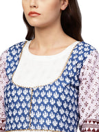 Ahalyaa White And Blue Printed Flare Cotton Jacket Kurta For Women | Grocsy