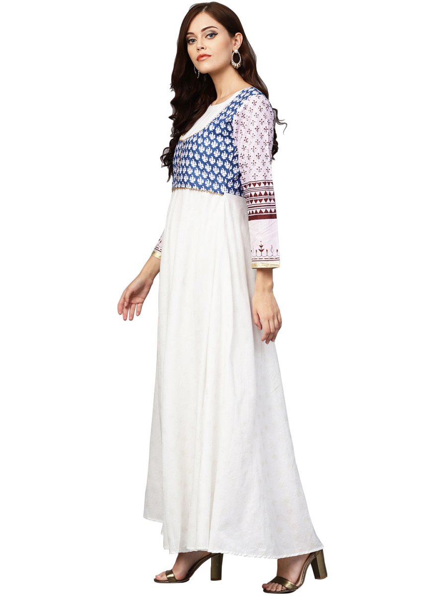 Ahalyaa White And Blue Printed Flare Cotton Jacket Kurta For Women | Grocsy