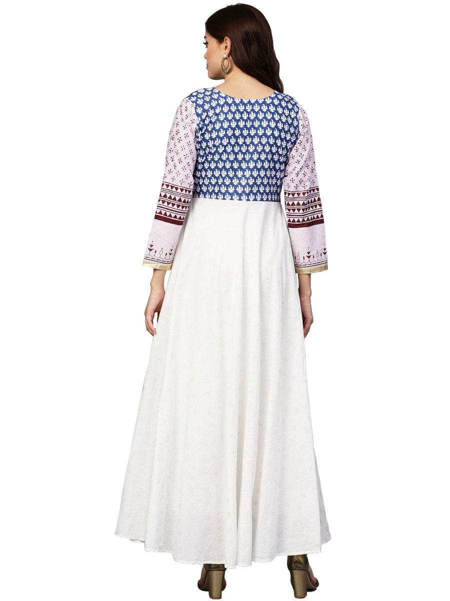 Ahalyaa White And Blue Printed Flare Cotton Jacket Kurta For Women | Grocsy