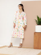 Ahalyaa Women White & Pink Floral Printed Floral Crepe Kurta | Grocsy