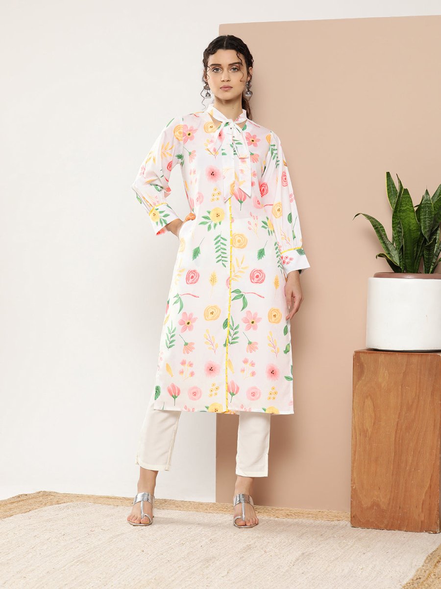 Ahalyaa Women White & Pink Floral Printed Floral Crepe Kurta | Grocsy