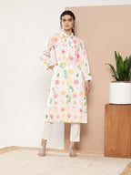 Ahalyaa Women White & Pink Floral Printed Floral Crepe Kurta | Grocsy