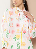 Ahalyaa Women White & Pink Floral Printed Floral Crepe Kurta | Grocsy