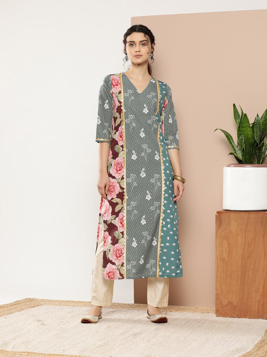 Ahalyaa Women Green & Pink Floral Printed Gotta Patti Floral Crepe Kurta | Grocsy