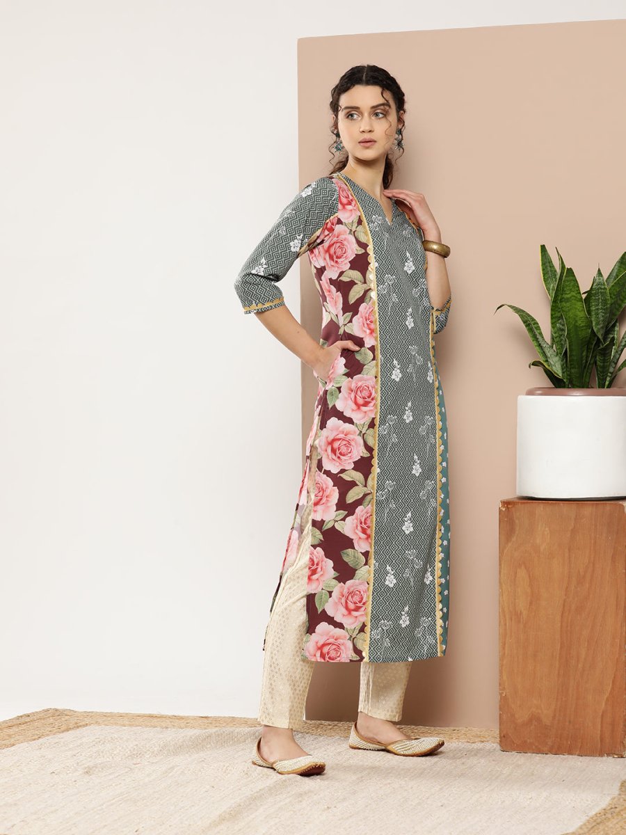 Ahalyaa Women Green & Pink Floral Printed Gotta Patti Floral Crepe Kurta | Grocsy
