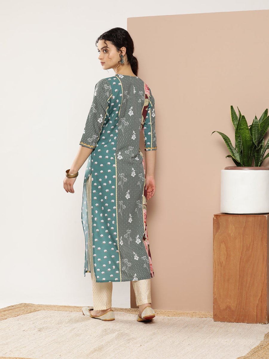 Ahalyaa Women Green & Pink Floral Printed Gotta Patti Floral Crepe Kurta | Grocsy