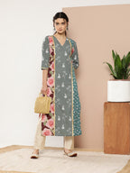 Ahalyaa Women Green & Pink Floral Printed Gotta Patti Floral Crepe Kurta | Grocsy