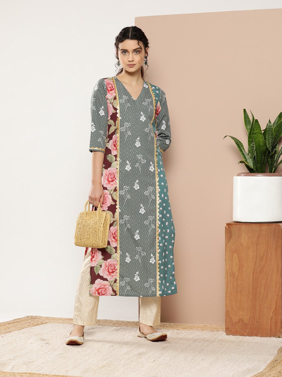 Ahalyaa Women Green & Pink Floral Printed Gotta Patti Floral Crepe Kurta | Grocsy