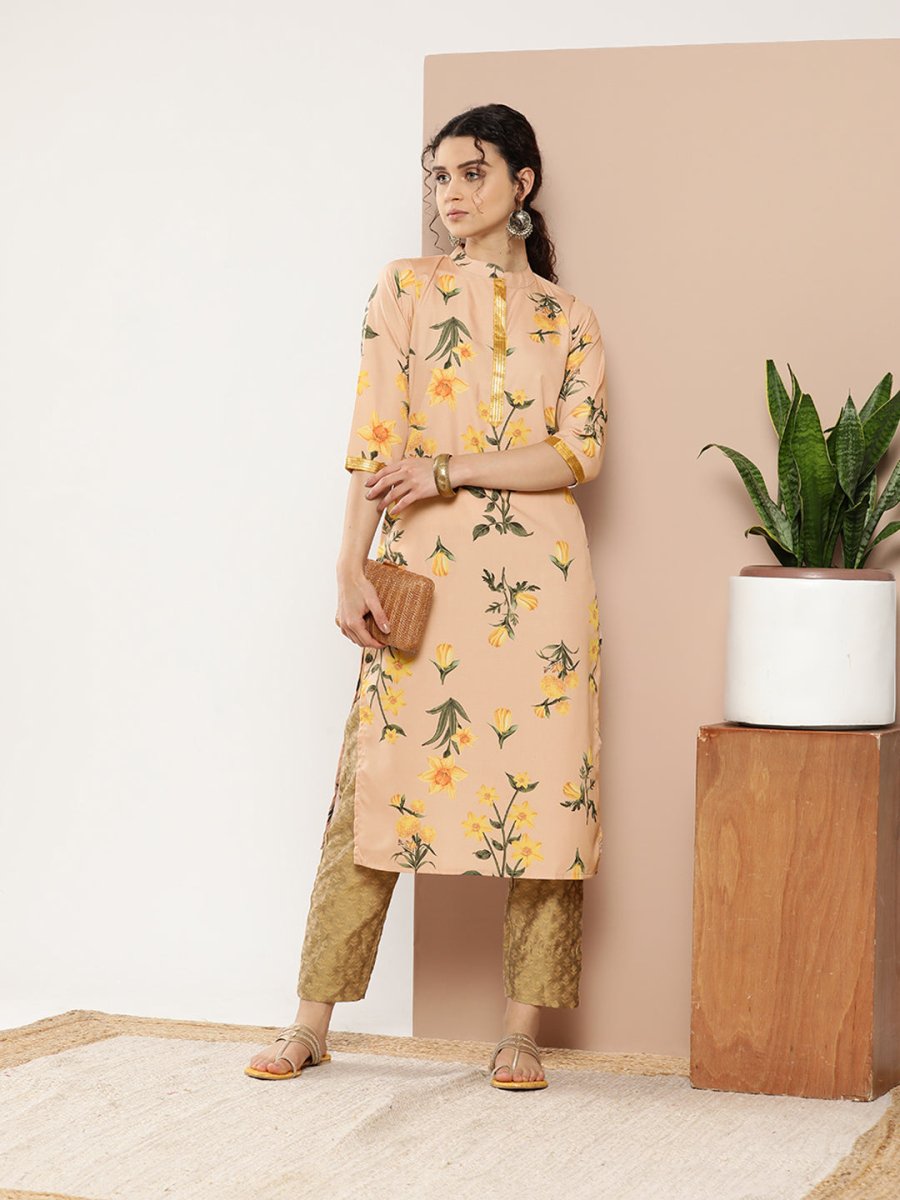 Ahalyaa Women Tan & Yellow Floral Printed Floral Crepe Kurta | Grocsy