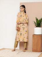 Ahalyaa Women Tan & Yellow Floral Printed Floral Crepe Kurta | Grocsy