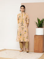 Ahalyaa Women Tan & Yellow Floral Printed Floral Crepe Kurta | Grocsy