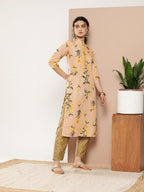 Ahalyaa Women Tan & Yellow Floral Printed Floral Crepe Kurta | Grocsy