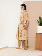 Ahalyaa Women Tan & Yellow Floral Printed Floral Crepe Kurta | Grocsy