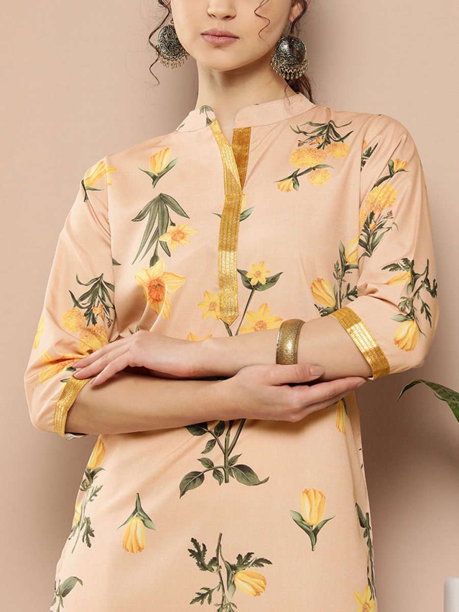Ahalyaa Women Tan & Yellow Floral Printed Floral Crepe Kurta | Grocsy