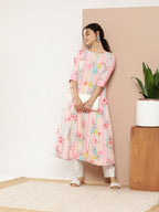 Ahalyaa Women Pink & Green Printed Gotta Patti Floral Crepe Kurta | Grocsy