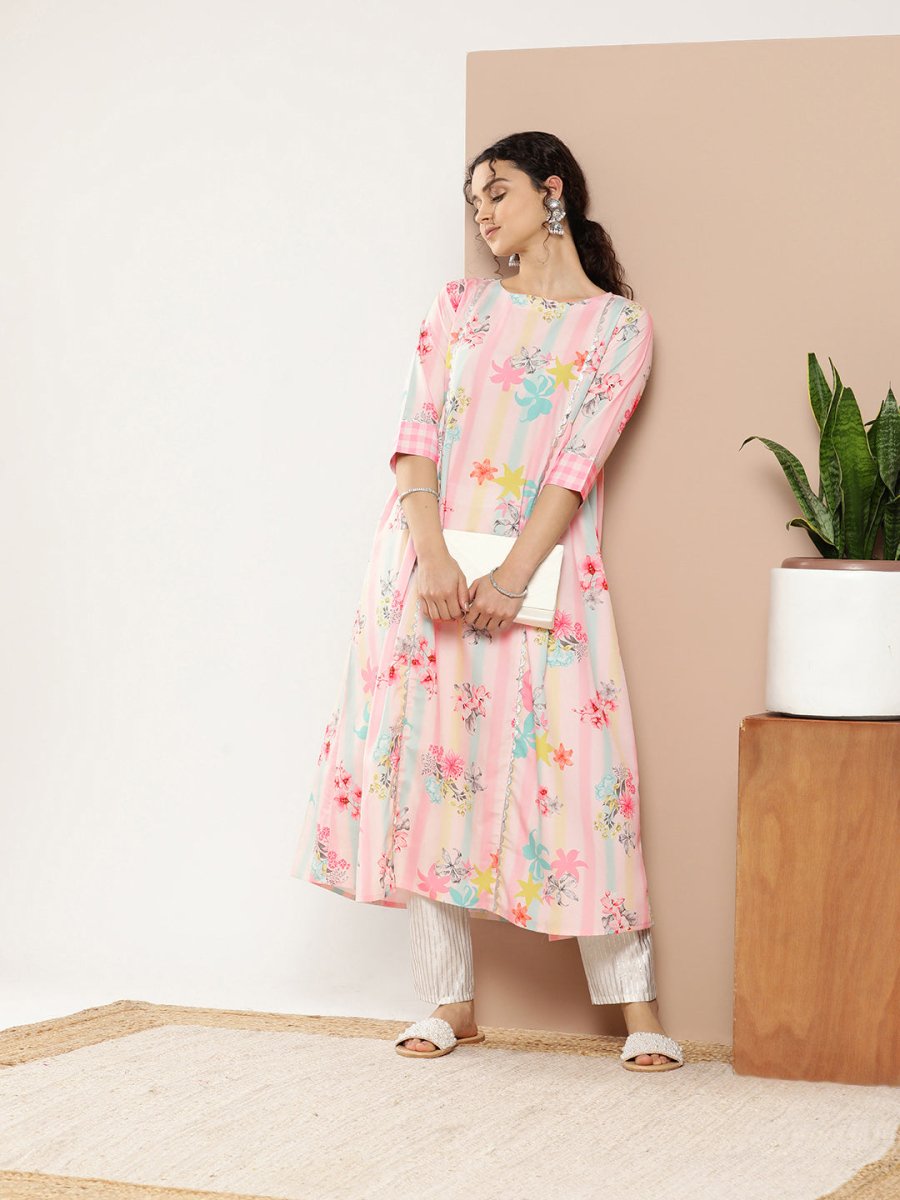 Ahalyaa Women Pink & Green Printed Gotta Patti Floral Crepe Kurta | Grocsy