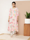 Ahalyaa Women Pink & Green Printed Gotta Patti Floral Crepe Kurta | Grocsy