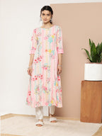 Ahalyaa Women Pink & Green Printed Gotta Patti Floral Crepe Kurta | Grocsy