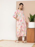 Ahalyaa Women Pink & Green Printed Gotta Patti Floral Crepe Kurta | Grocsy