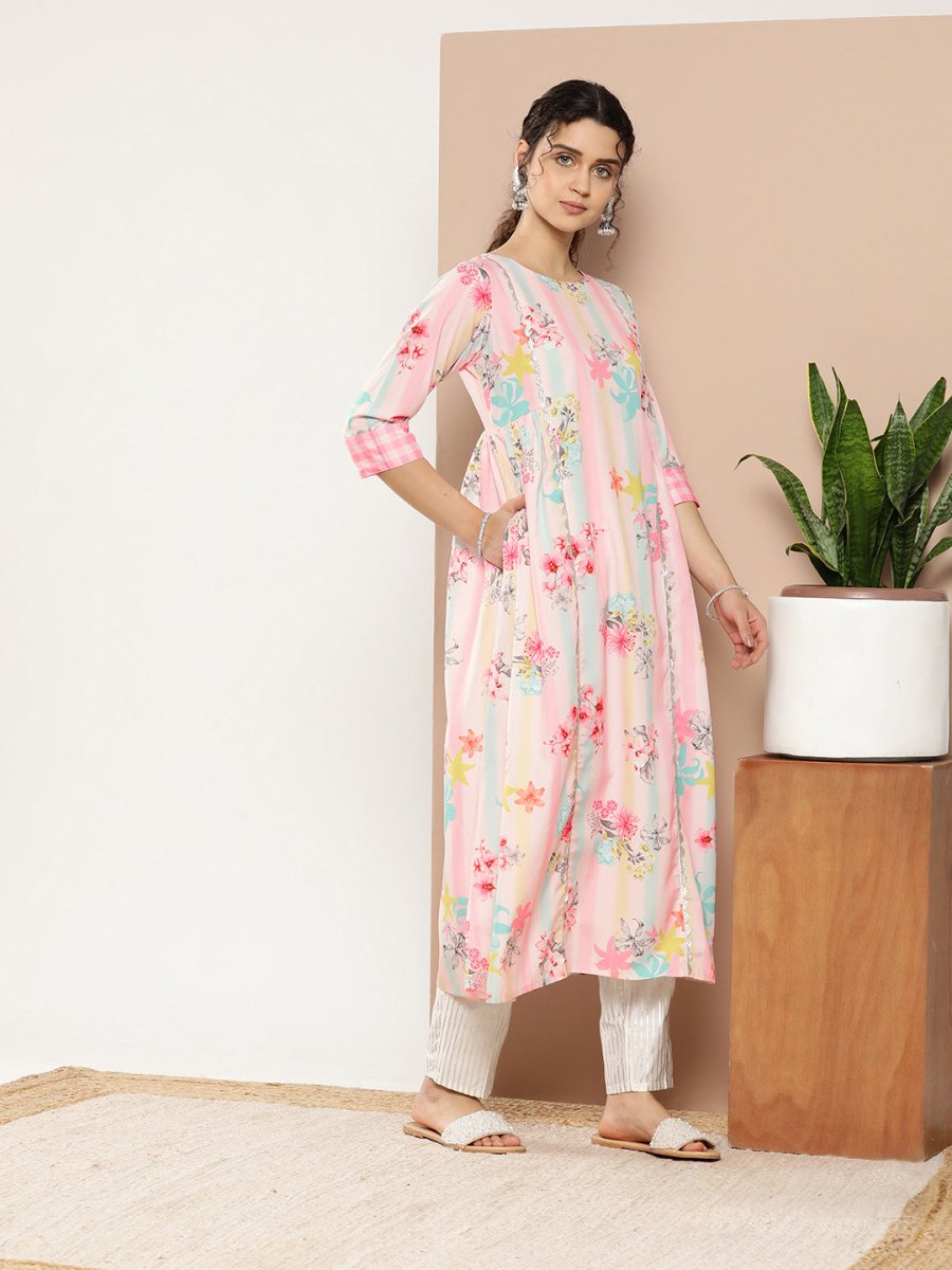 Ahalyaa Women Pink & Green Printed Gotta Patti Floral Crepe Kurta | Grocsy