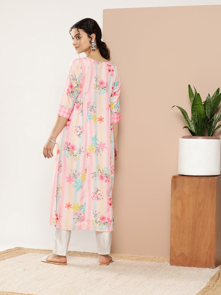 Ahalyaa Women Pink & Green Printed Gotta Patti Floral Crepe Kurta | Grocsy