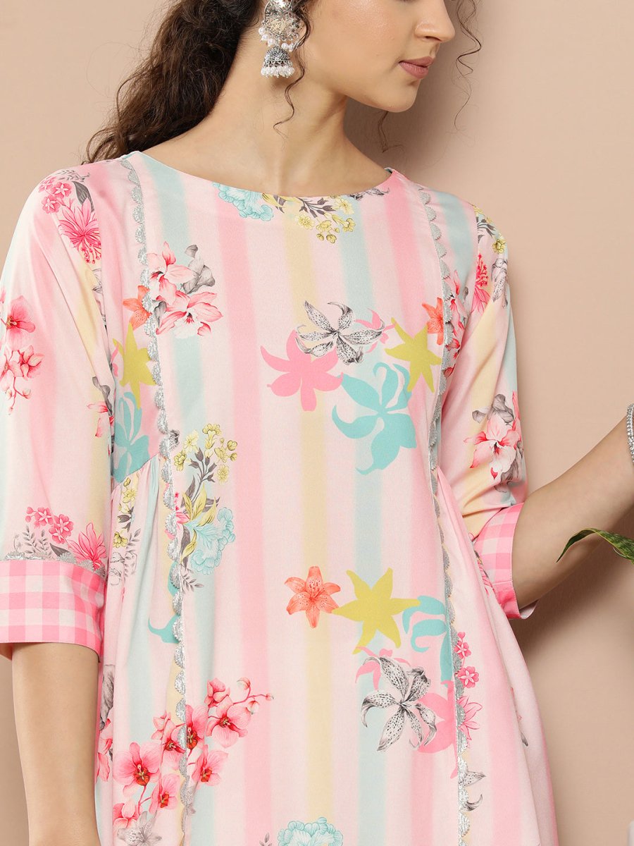 Ahalyaa Women Pink & Green Printed Gotta Patti Floral Crepe Kurta | Grocsy