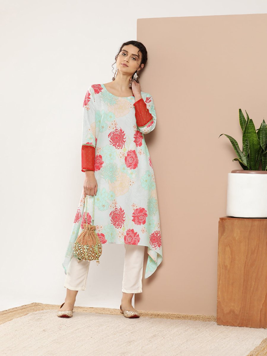 Ahalyaa Women Turquoise Blue & Red Floral Printed Gotta Patti Floral Crepe Kurta | Grocsy