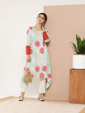Ahalyaa Women Turquoise Blue & Red Floral Printed Gotta Patti Floral Crepe Kurta | Grocsy