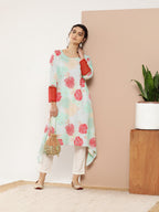 Ahalyaa Women Turquoise Blue & Red Floral Printed Gotta Patti Floral Crepe Kurta | Grocsy