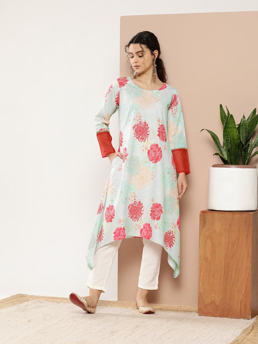 Ahalyaa Women Turquoise Blue & Red Floral Printed Gotta Patti Floral Crepe Kurta | Grocsy