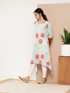 Ahalyaa Women Turquoise Blue & Red Floral Printed Gotta Patti Floral Crepe Kurta | Grocsy