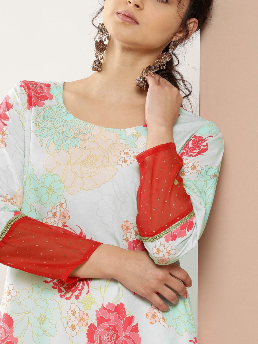 Ahalyaa Women Turquoise Blue & Red Floral Printed Gotta Patti Floral Crepe Kurta | Grocsy