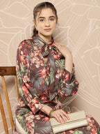 Ahalyaa Women Brown & Orange Floral Printed Crepe Kurta | Grocsy