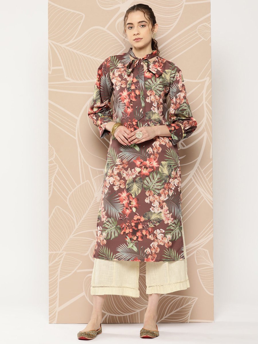 Ahalyaa Women Brown & Orange Floral Printed Crepe Kurta | Grocsy