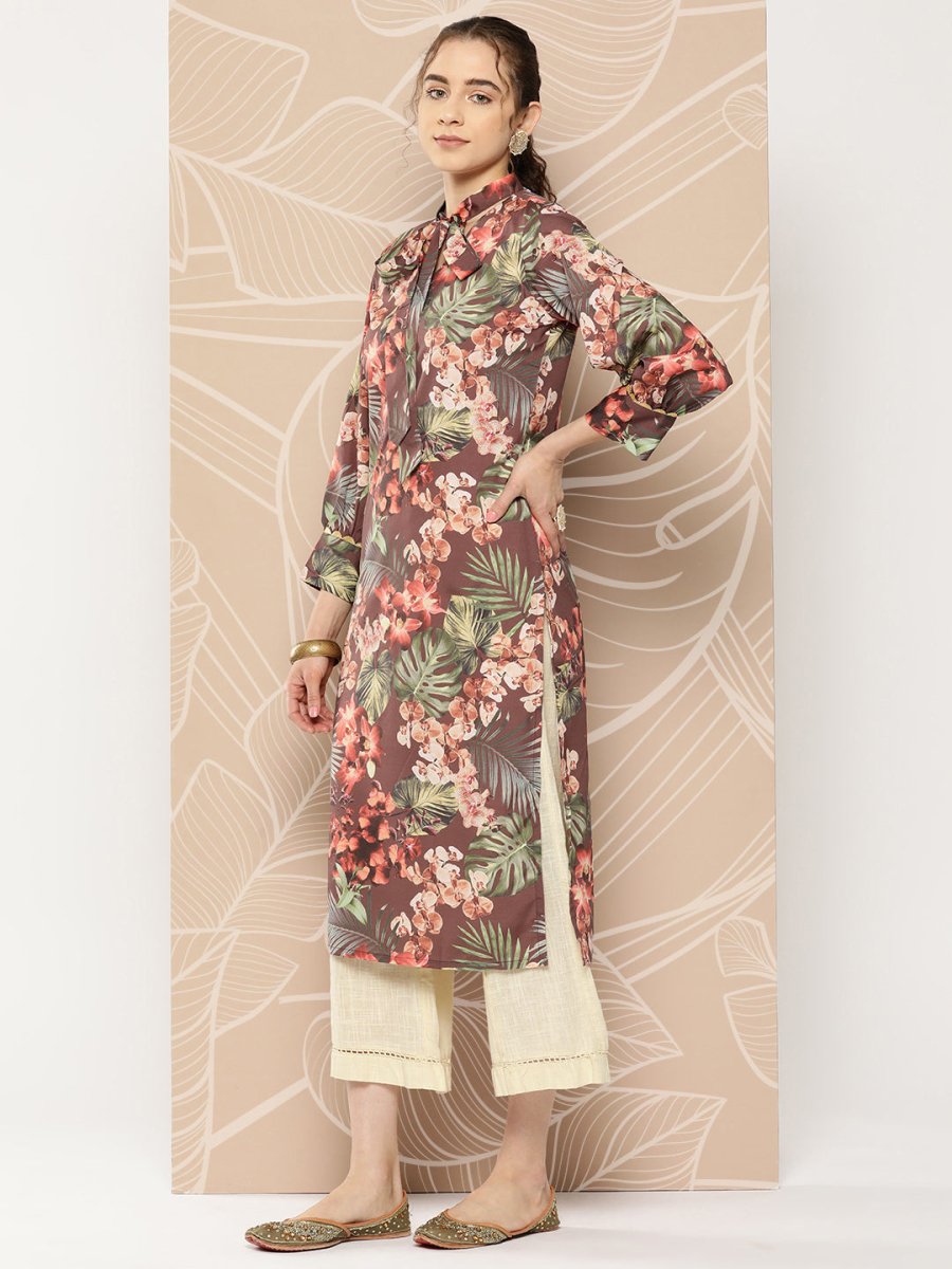 Ahalyaa Women Brown & Orange Floral Printed Crepe Kurta | Grocsy