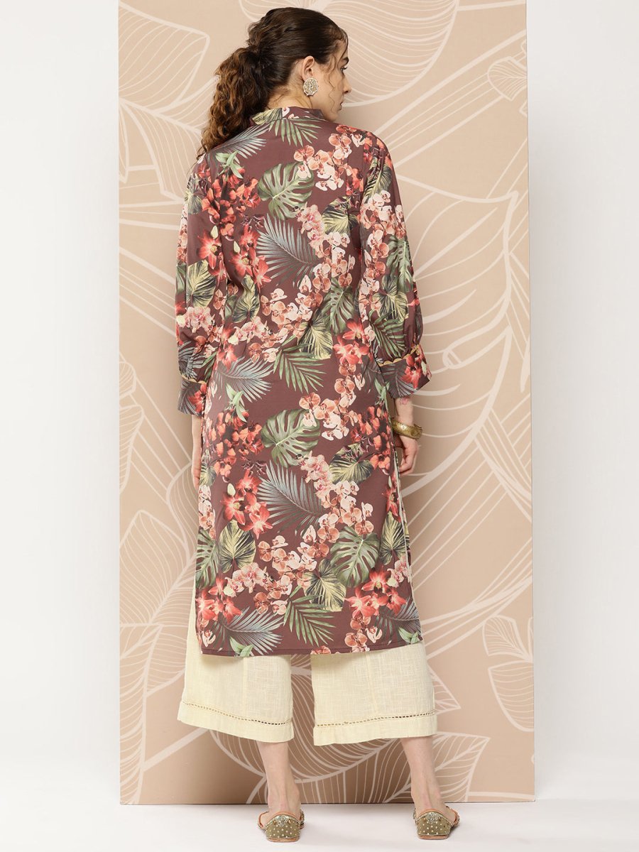 Ahalyaa Women Brown & Orange Floral Printed Crepe Kurta | Grocsy